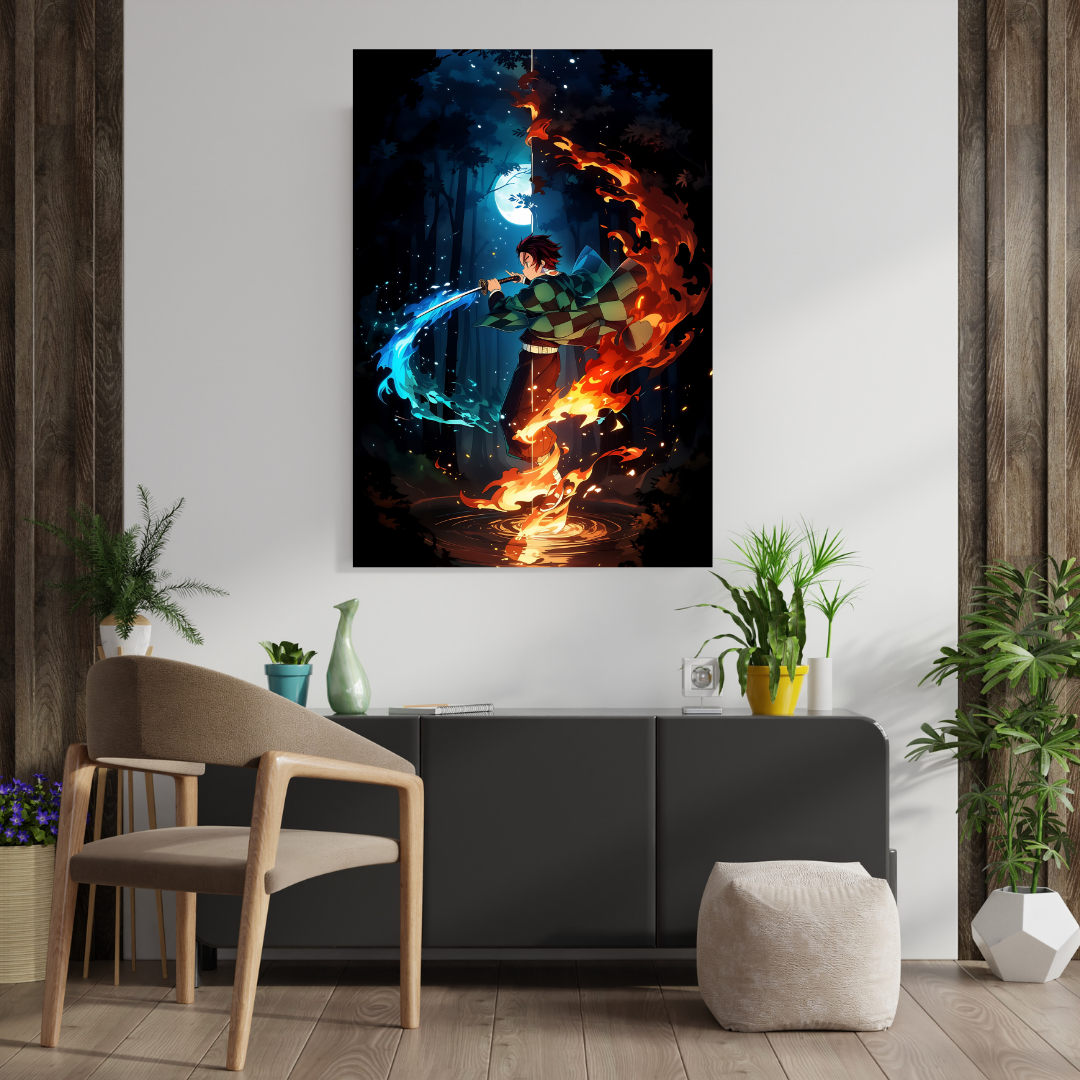 Tanjiro Water & Flame Breathing Metal Poster